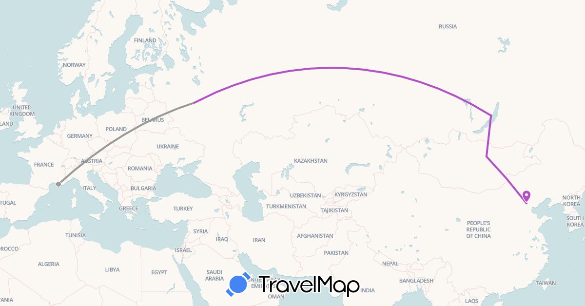 TravelMap itinerary: driving, plane, train in China, France, Mongolia, Russia (Asia, Europe)