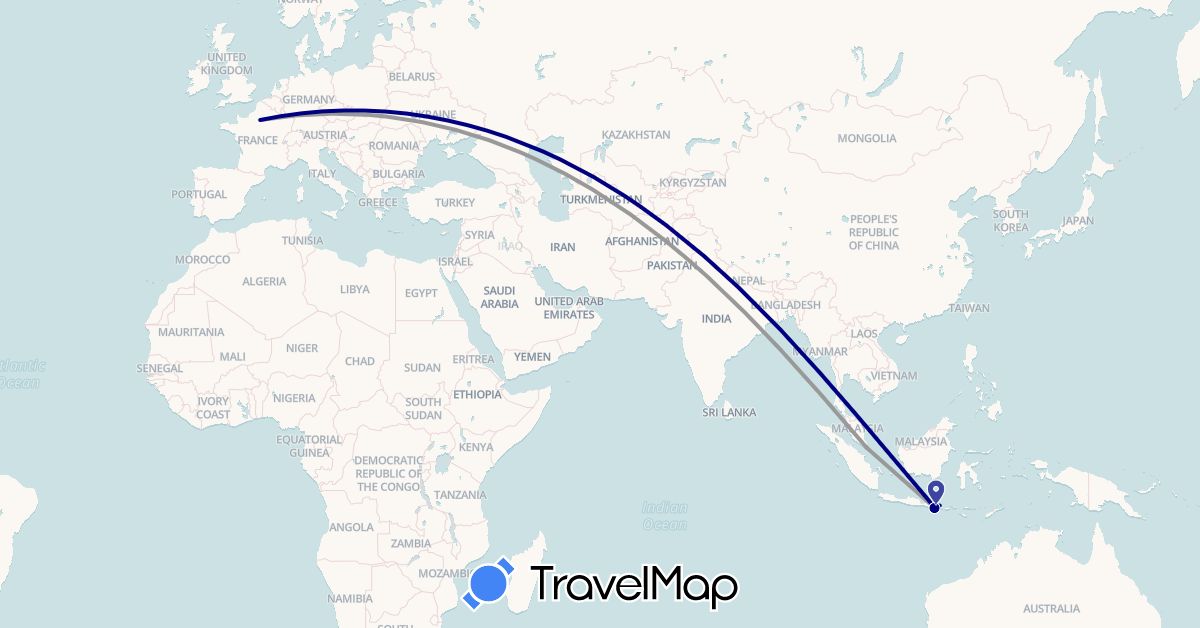 TravelMap itinerary: driving, plane, boat in France, Indonesia, Singapore (Asia, Europe)