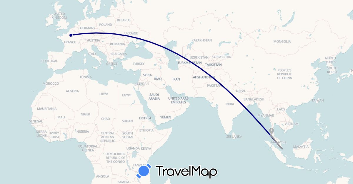 TravelMap itinerary: driving, plane in France, Singapore, Thailand (Asia, Europe)